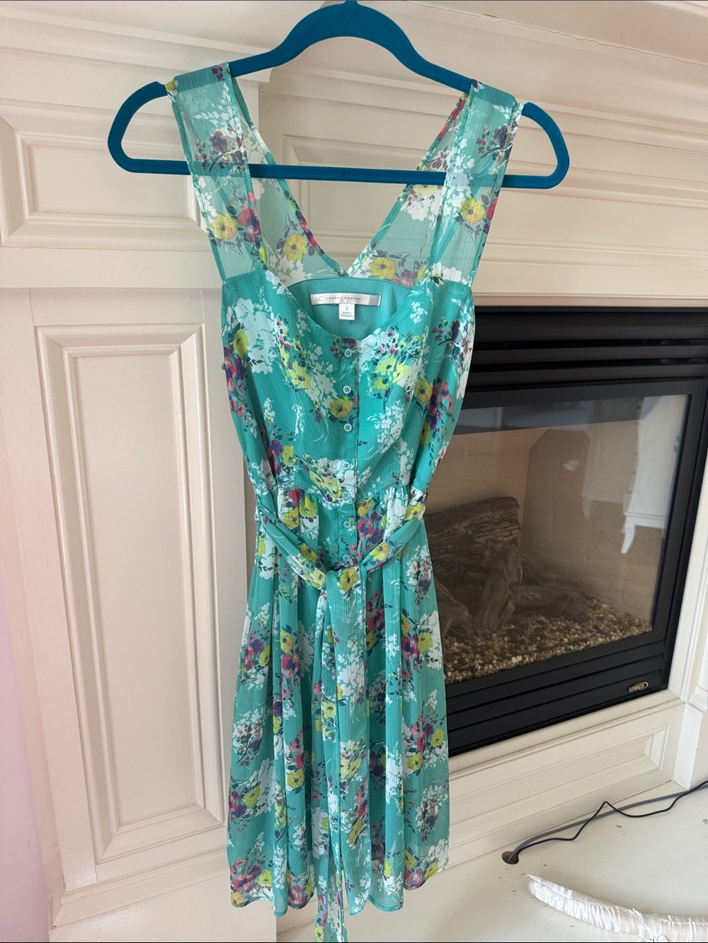 LC Lauren Conrad Turquoise Floral Midi Dress with Tie Waist